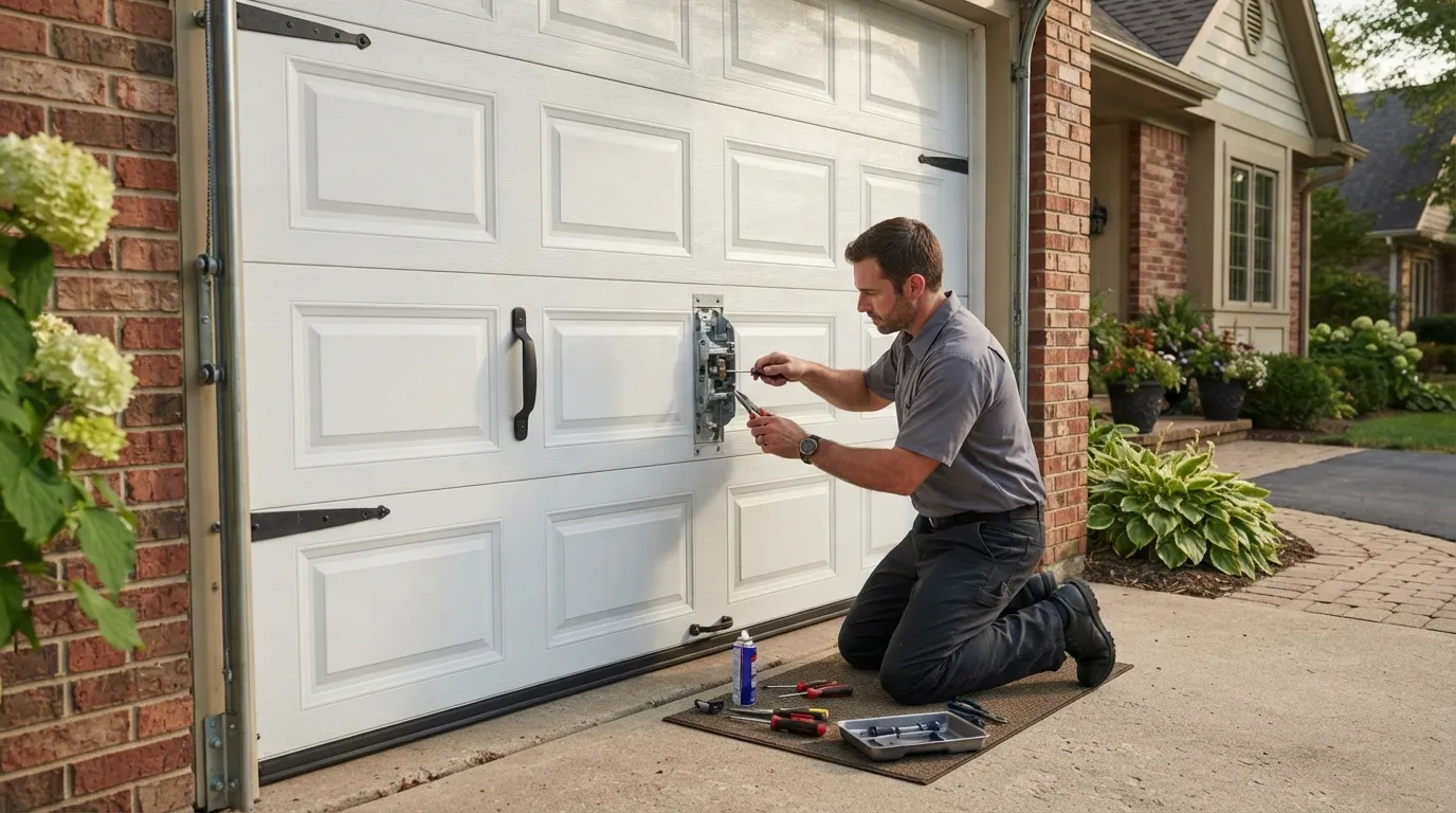 Garage door technician repairing a residential garage door in Encinitas California