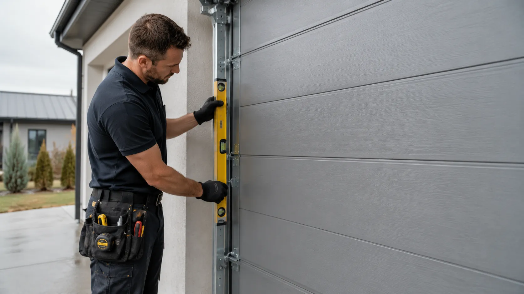 Garage door technician inspecting springs rollers tracks and opener in Encinitas California